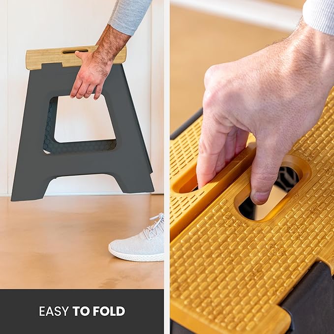 Vigar Compact Step Stool Foldable, 12-1/2-inch Step Stools for Adults up to 330 Pound, Lightweight Stool, Non-Slip Folding Step Stool, Black, Bamboo Print on Top