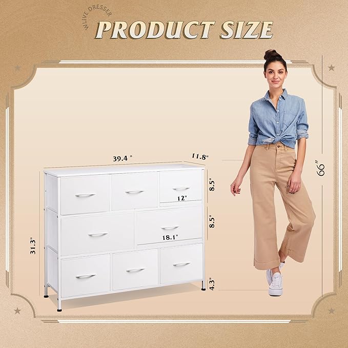 WLIVE 8 Drawer Dresser for Bedroom, Fabric White Dresser with Large Storage Drawer Unit for Entryway, Chest of Drawers for Living Room