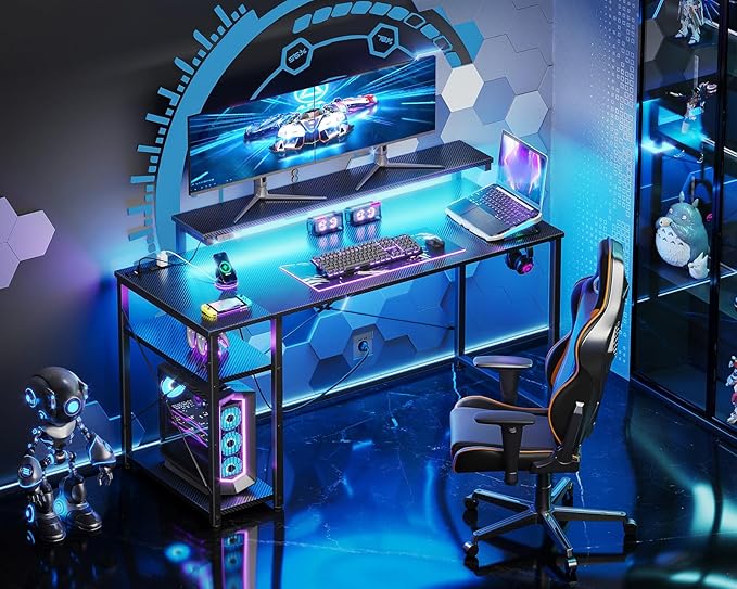 MOTPK 48 Inch Gaming Desk with Storage & Led Lights, Computer Desk with Power Outlet & Shelf, Reversible Gamer Desk with Adjustable Monitor Stand, Carbon Fiber Texture Black