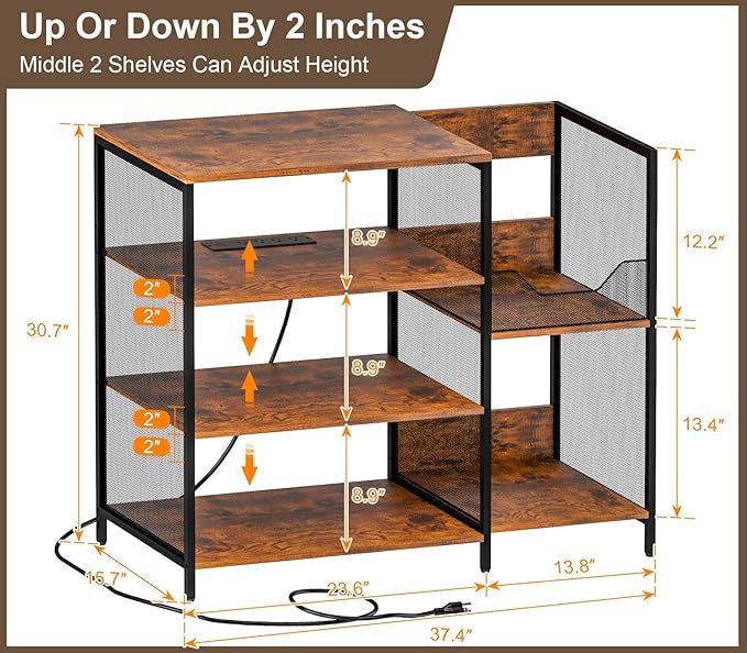 Large Record Player Stand Table with vinyl record holder, AV Media Stand With Charging Station & USB Ports, Stereo Cabinet Stand with Led Strip Light, Sturdy, Adjustable Feet, Rustic, Large Capacity