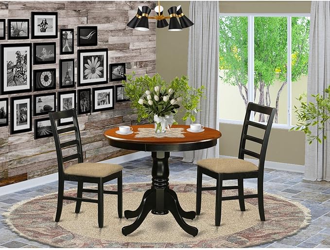 East West Furniture ANPF3-BLK-C 3 Piece Kitchen Table & Chairs Set Contains a Round Dining Room Table with Pedestal and 2 Linen Fabric Upholstered Chairs, 36x36 Inch, Black & Cherry