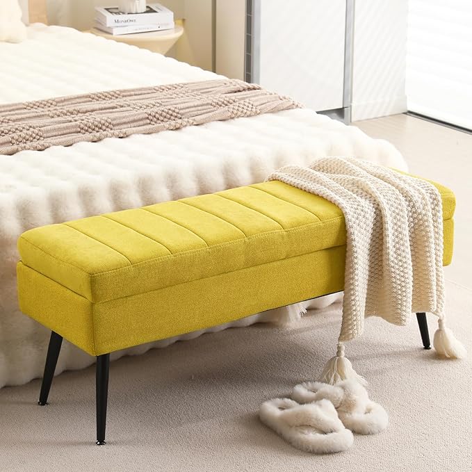 CUYOCA Storage Ottoman Bench, 43.5" Upholstered Entryway Bench, Long Ottoman with Storage for Living Room, Support 660lbs - Fabric Canary
