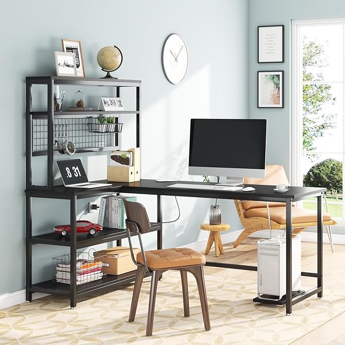 Tribesigns 55" Large Computer Desk with Wireless Charging 5 Storage Shelves, Office Desk Study Table Writing Desk Workstation with Hutch Bookshelf for Home Office (All Black)