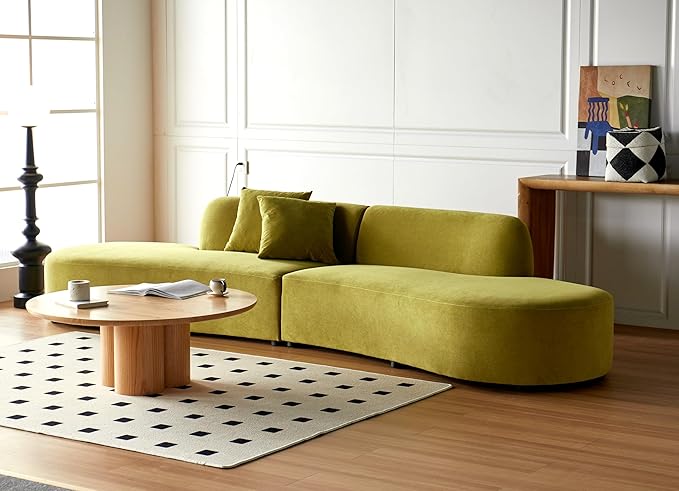 Container Furniture Direct 132" Curved Sofa with Throw Pillows, 6 Seater Luxury Velvet Couch with Half Moon Design and High-Density Foam, Ideal for Modern Living Room, Office & Apartment, Olive Green