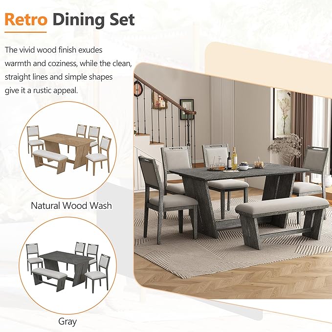 Merax 6-Piece Retro Dining Set, 1 Rectangular Table with Stable Trapezoidal Table Base and 4 Upholstered Chairs and 1 Bench for Dining Room and Kitchen, Antique Gray