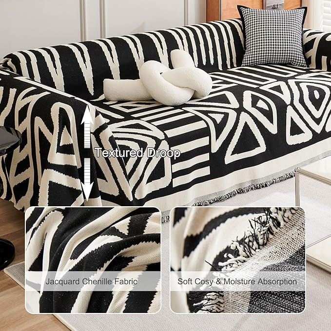 STACYPIK Boho Geometric Sofa Cover Chenille Beige Black Couch Cover for Dog Pet Friendly Couch Protector for 3-4 Cushion Couch Non-Slip Jacquard Sectional Couch Cover Tassels Sofa Slipcover-71x150IN