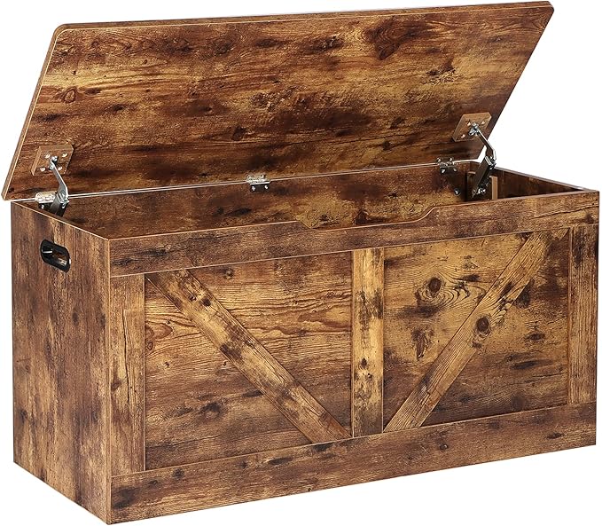 39.4" Storage Chest, Wooden Storage Bench, Large Storage Trunk with 2 Safety Hinges, Entryway Shoes Bench for Living Room, Bedroom, Rustic Brown