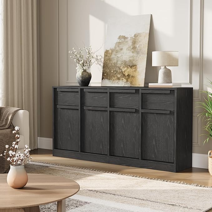GarveeHome Sideboard Buffet Cabinet with 4 Drawers, 62.4" Large Coffee Cabinet with Storage, Modern Storage Buffet Table for Kitchen Dining Room, Living Room (Black, 4 Doors & 4 Drawers)