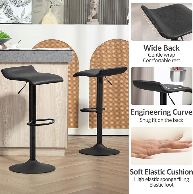 Finnhomy Bar Stools Set of 2 Counter Height, Swivel Barstools with Footrest and Backless, Height Adjustable Rustic Bar stools for Kitchen, Vintage Leather, Retro Black