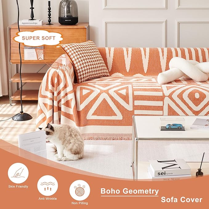 STACYPIK Reversible Caramel Sofa Cover Boho Triangle Couch Covers Non Slip Multi-use Furniture Protector for 2 Cushion Couch Jacquard Sofa Slipcovers Loveseat Couch Cover for Dog Pet-Friendly-71X118IN