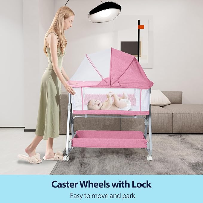 Baby Bassinet Bedside Sleeper, 3 in 1 Rocking Bassinet for Baby, Arms Reach Co Sleeper Bassinet with Wheels, Adjustable Height, Storage, Mattress & Canopy (Pink)