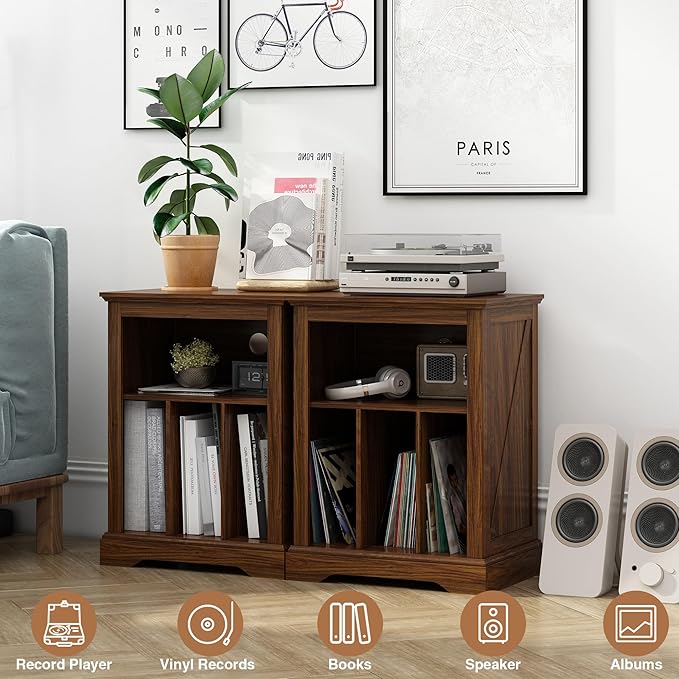Farmhouse Record Player Stand, 3 Tier End Table, Turntable Stand with Vinyl Record Storage ,Wood Record Holder Cabinet Dispaly Shelf for Living Room,Bedroom,Rustic Brown