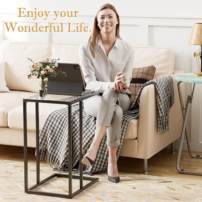 C Shaped End Table Set of 2, Couch Side Tables for Living Room, Small Glass End Table with Metal Frame, Modern Snack Table for Bedroom, Small Space, Easy Assembly, Black, 23.62 x 15.75 x 11.81