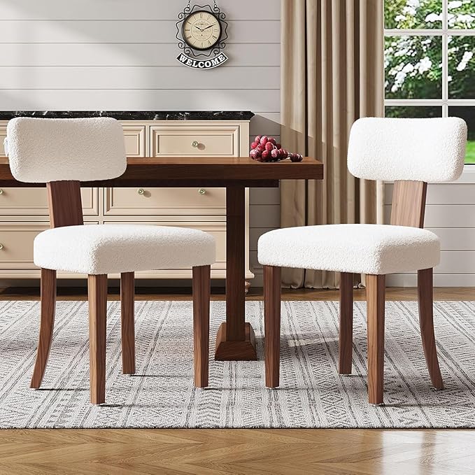 Farmhouse Chair Set of 2, Mid Century Modern Dining Chairs, Sherpa Upholstered Kitchen Chairs with Curved Backrest & Adjustable Legs for Living Room/Bedroom, Easy to Install, White Sherpa