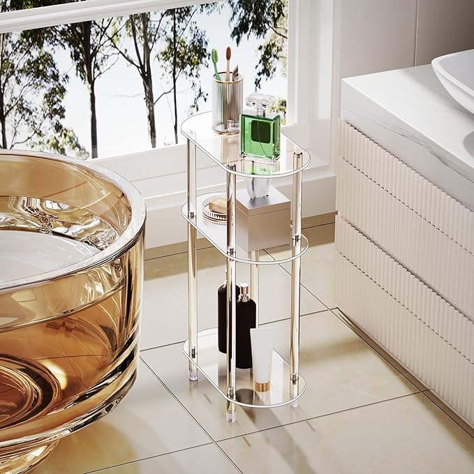 Clear Acrylic Narrow Side Table Set of 2 for Small Spaces, 15.75" L x 7.87" W x 24.6" H, 3 Tier Oval Slim End Table Nightstand, Small Skinny Bedside Table for Bedroom, Bathroom, Living Room