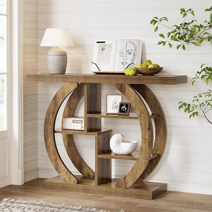 LITTLE TREE Console Table, 4-Tier Farmhouse Wooden Sofa Table Behind Couch, 42.5-Inch Narrow Entryway Hallway Foyer Tables for Living Room, Console Sofa Tables with Storage Shelves, Rustic Brown