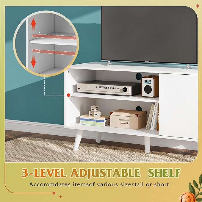 WLIVE TV Stand for 43 Inch TV, Small Entertainment Center with Storage Cabinet & Adjustable Shelves, Mid-Century Modern TV Stands for Living Room and Bedroom, TV Console Suit 32 Inch TV, White
