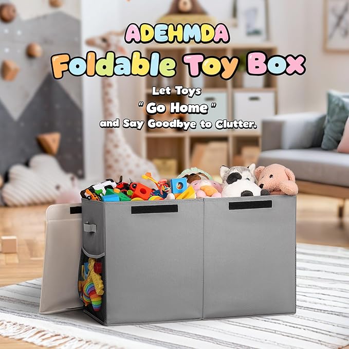 80L Large Toy Storage Box with Lid, Large Toy Box Chest for Kids, Girls and Boys, Nursery Room and Living Room, 26"x13" x16" - Grey