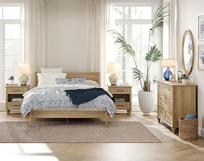 WAMPAT Set of 2 Oak Nightstands Side Tables with Charging Station, Farmhouse End Table with 2 Drawers & Shelf for Living Room, Light Wood Night Stand Bedside Table for Bedroom