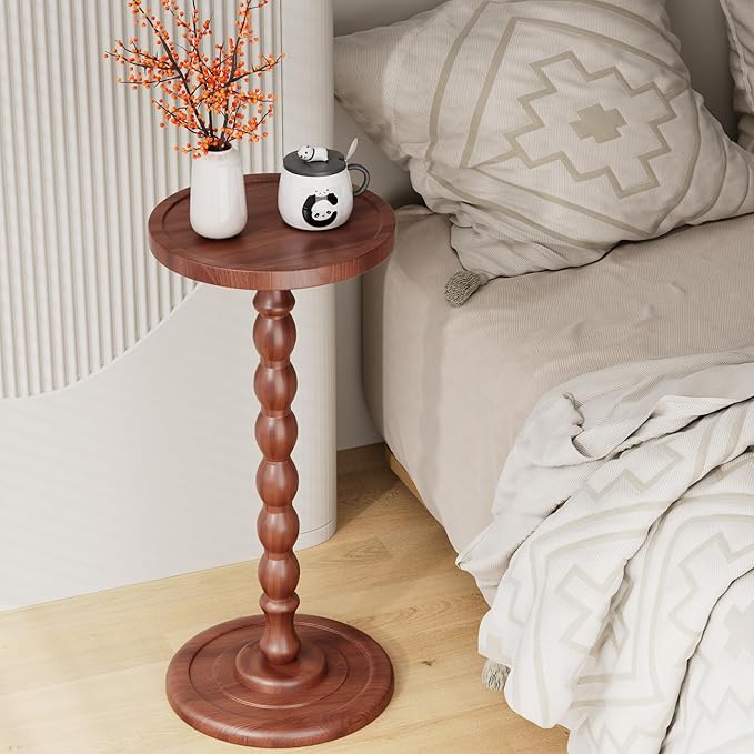 Solid Wood Drink Table, Rubber Wood‌ Small Round Side Table for Small Spaces, Martini Tables, Pedestal End Tables for Living Room, Bedroom, Corners, and Office (Light Walnut, 11.81inch)