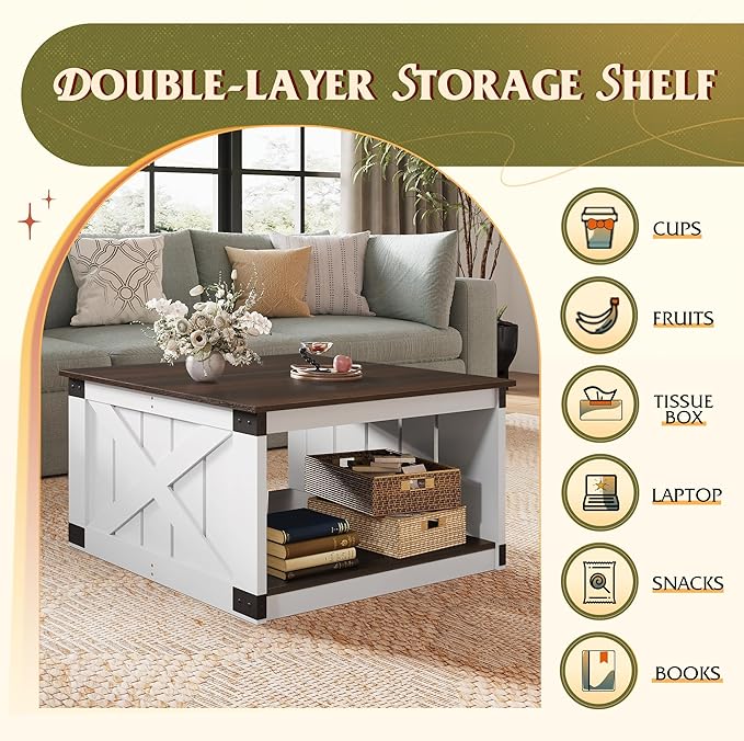 WLIVE Coffee Table, Farmhouse Coffee Table with Open Storage, 31.5" Wood Square Living Room Tables, Rustic Dining Cocktail Center Table for Living Room, Espresso