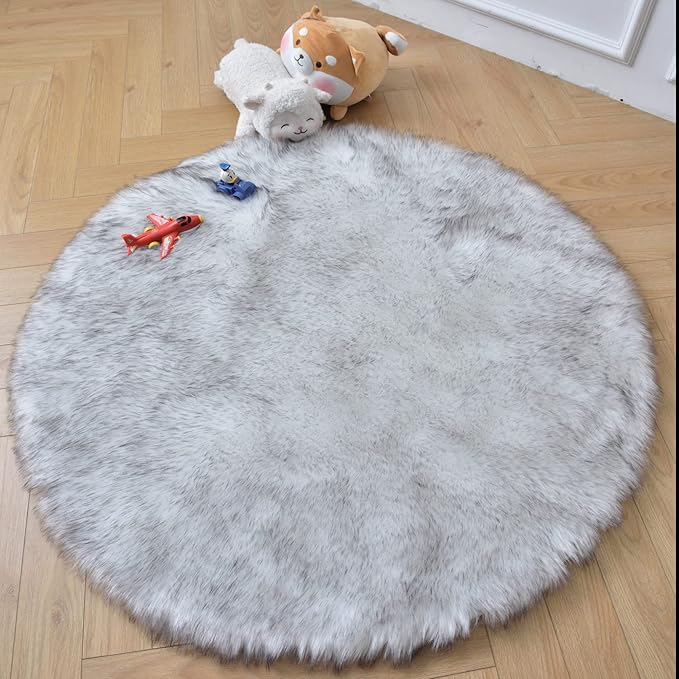 duduta White Black Faux Sheepskin Round Rug 4x4 ft, Fluffy Shag Fur Bedroom Nursery Kids Playroom Rug Dorm Decor Non Slip Washable