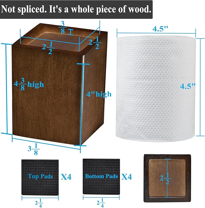 Sopicoz Wood Bed Risers Set of 4, Square Furniture Risers, 4 inch Couch Risers Heavy Duty Bed Lifters Brown Bed Frame Risers Blocks, Lifters for Sofa, Chair, Cabinet, Dresser, Nightstand