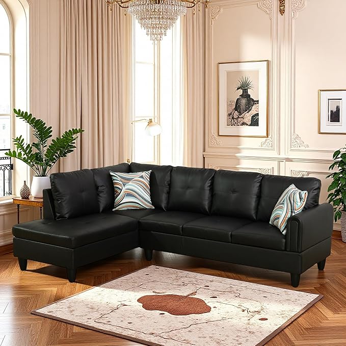 L Shaped Couch Sectional Couches with Chaise, 3 Pieces Modular Convertible Sofa for Living Room Furniture Sets and Small Apartment Faux Leather, Black