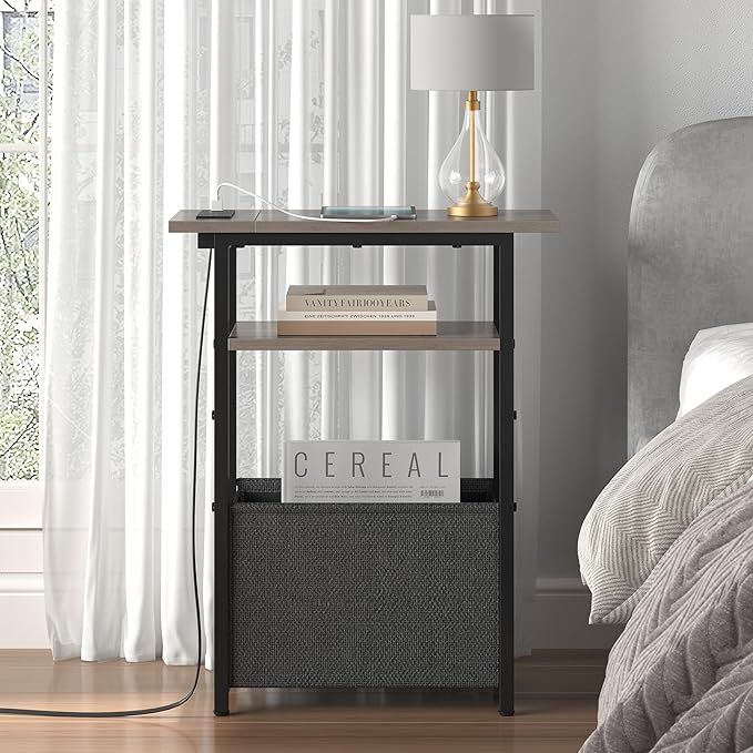Narrow Side Table with Charging Station, Small End Table for Small Spaces, Skinny Nightstands with Storage Basket, 3 Tier Sofa Couch Bedside Tables for Living Room,Bedroom, Grey