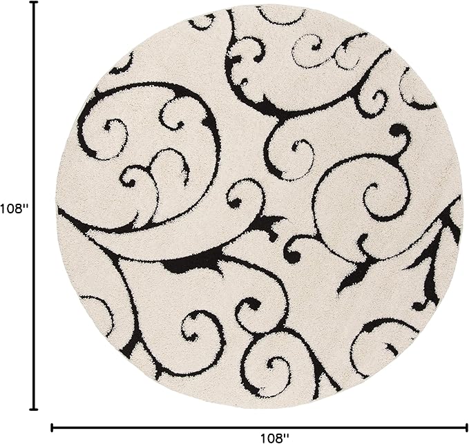 SAFAVIEH Florida Shag Collection Area Rug - 9' Round, Ivory & Black, Scroll Design, Non-Shedding & Easy Care, 1.2-inch Thick Ideal for High Traffic Areas in Living Room, Bedroom (SG455-1290)
