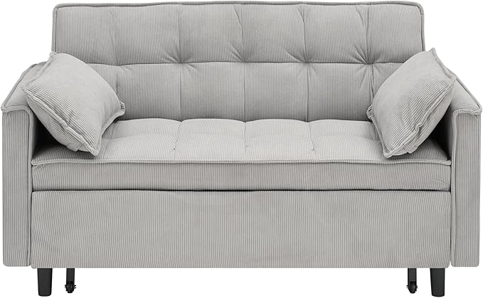 Ball & Cast Velvet Futon Sofa Couch with Pull-Out Bed,3 in 1 Convertible Sleeper Sofa Bed,Convertible Pull Out Couches W/2 Pillows,Adjustable Backrest & Side Pocket,for Living Room,Apartment,Gray,55"