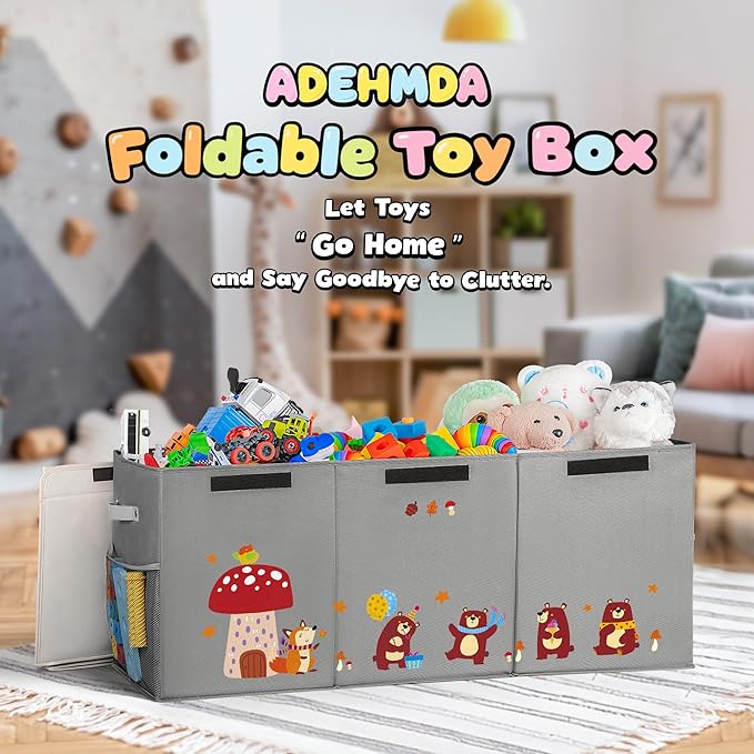 120L Large Toy Storage Box with Lid, Extra Large Toy Box Chest, Large Toy Box for Kids, Girls and Boys, Nursery Room and Living Room, 40"x13" x16" (grey-bear)