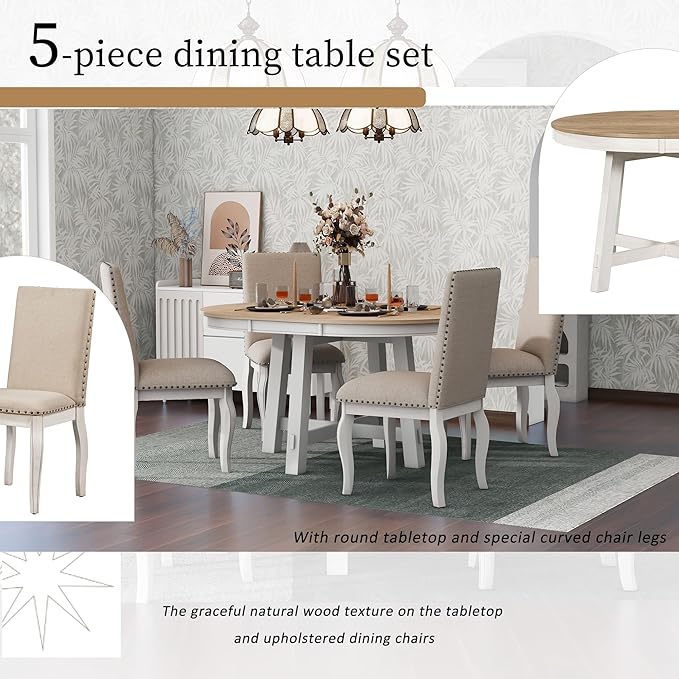 5 Pieces Dining Table Set with 43" Round Extendable Desk,Living Room Furniture W/ 4 Upholstered Curved Legs Chairs,for Restaurant,Home Bistro,Oak Natural Wood+Antique White
