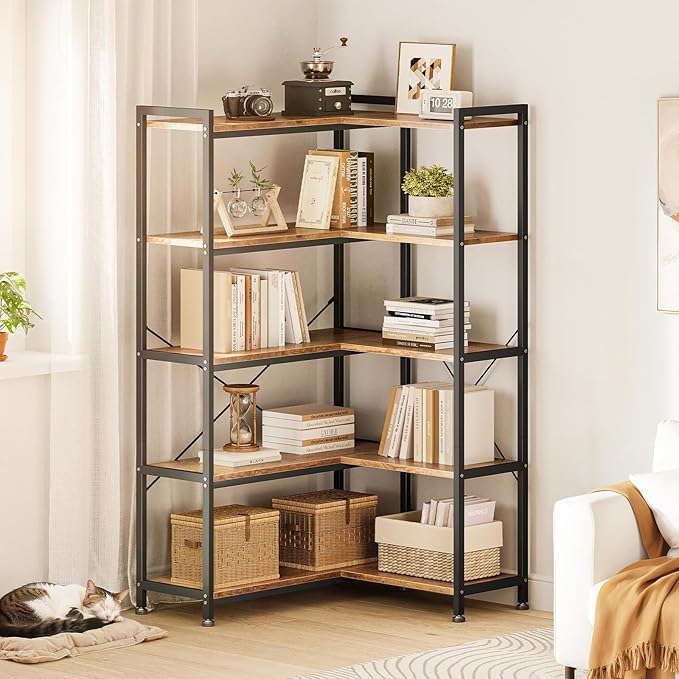 Casaottima Corner Bookshelf 5 Tier, 57 Inches Reversible Book Shelf for Living Room, Industrial Wooden Bookcase with Open Shelves and Metal Frame for Bedroom, Home Office, Kitchen, Rustic Brown