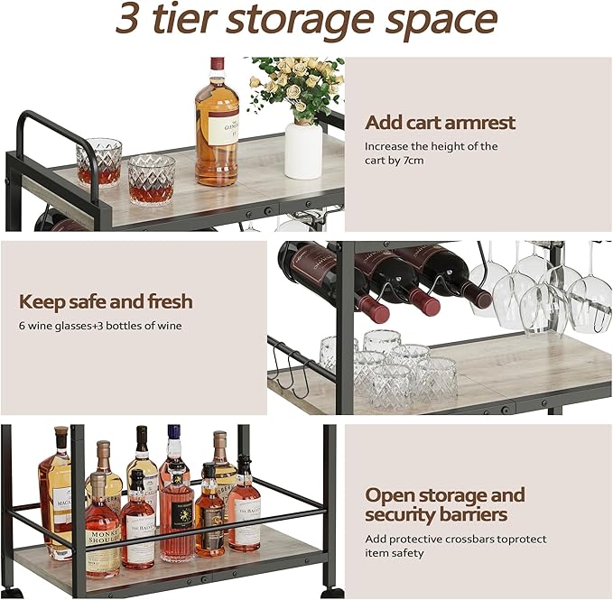 Home Bar Serving Cart, Serving Cart with Wheels and Handle, 3 Tier Rolling Kitchen Cart, MicrowaveCart, Beverage Cart with Wine Holder and Glass Holders, for Dinning Room, Living Room, Kitchen,Greige