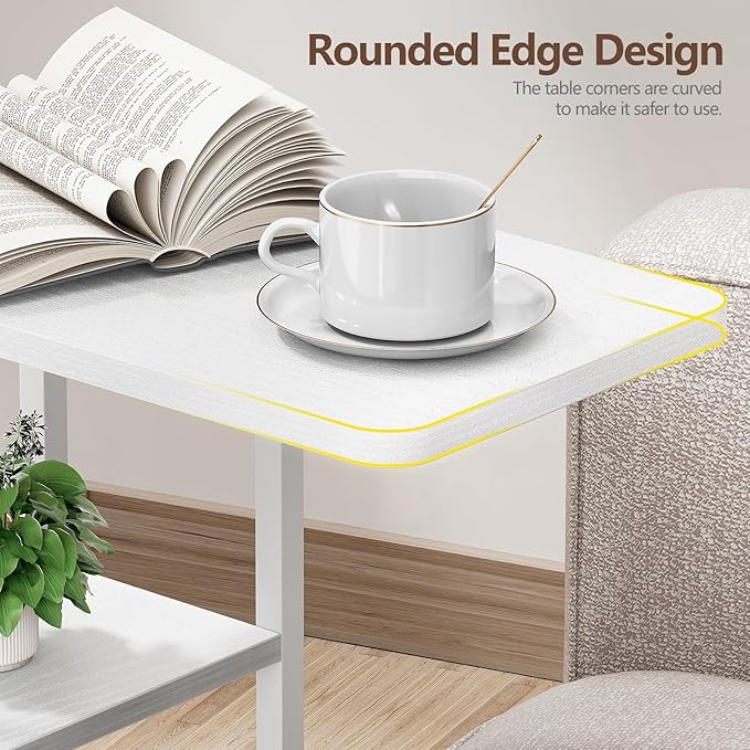 C Shaped End Table with Charging Station, Small Side Table for Couch Recliner, Slide Under Sofa Desk Snack Tables with Storage Bag & AC / USB Outlet, Small Spaces Drink Tables for Living Room, Bedroom