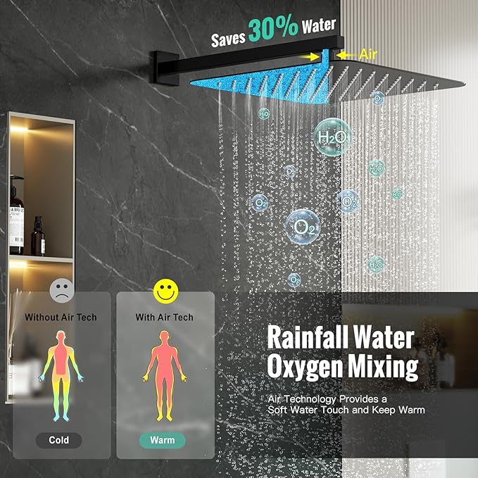 SR SUN RISE Matte Black Square Rainfall Shower Head and Handle Set, Wall Mounted Shower Fixtures, Metal Shower Faucet Trim Repair Kits (With Shower Valve) 16 Inches