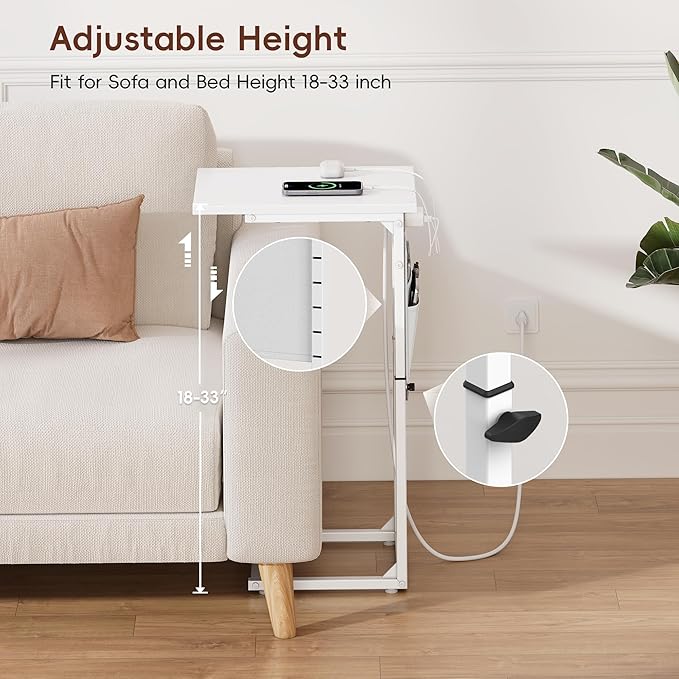 Vagusicc C Shaped End Table with Charging Station, Adjustable Height Side Table for Couch, Small Sofa Table for Small Spaces, Slide Under Sofa Table TV Tray Arm Tables for Living Room, Bedroom, White