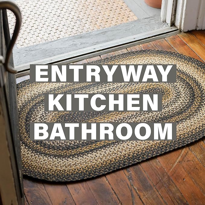 Kilimanjaro Black and Tan Jute Braided Oval Rug, 20x30 - Warm Primitive Decor, Perfect for Laundry Rooms, Kitchens and Entryways - Reversible and Easy to Clean