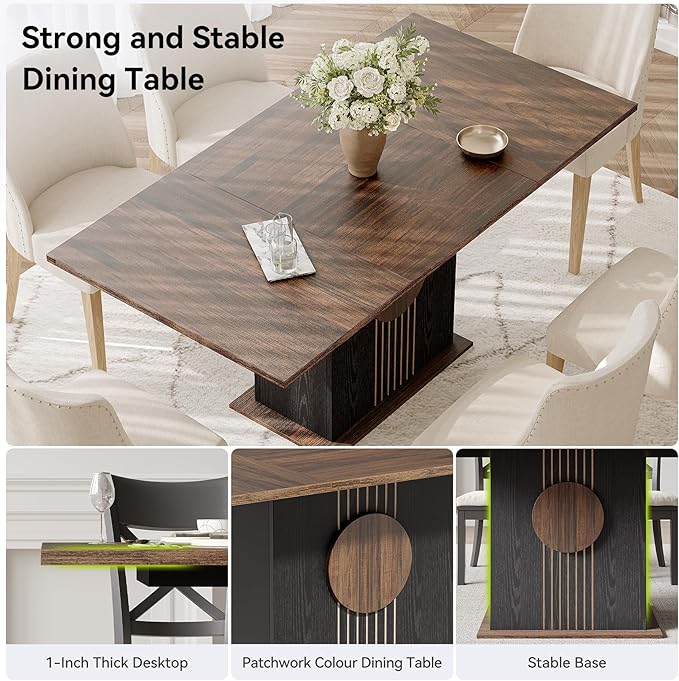 LITTLE TREE Rectangle Dining Table, Modern Kitchen Table Set for 6, Wooden Furniture with Heavy Duty Base, Modern Furniture for Home, Dining Room, Brown & Black