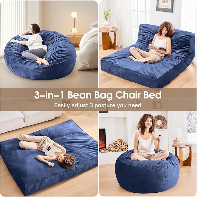 Bean Bag Chairs for Adults - Giant Bean Bag Chair Convertible Bean Bag Bed - Beanbag Chair with Micro Fiber Cover/Furniture Foam Filler - Floor Couch Sofa in Bedroom Dorm Room - Full Navy Blue