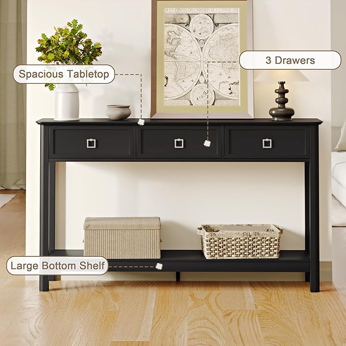 Treocho 53.1" Console Table with 3 Drawers, Modern Entryway Table, 2-Tier Narrow Long Sofa Table Behind Couch Table for Living Room, Hallway, Black