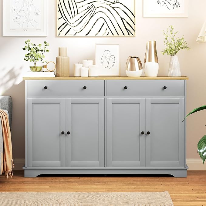 HOMCOM Sideboard Buffet Cabinet with Storage, 55" Modern Kitchen Cabinet with 4 Doors, 2 Drawers and 2 Adjustable Shelves, Coffee Bar, Gray