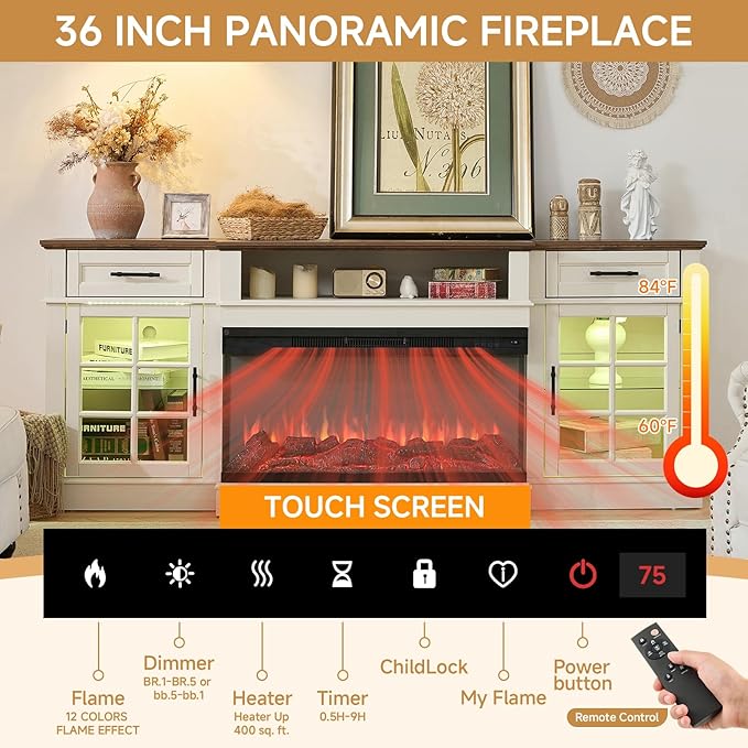 ROCKPOINT 3 Sided Glass 80" Fireplace TV Stand for TVs up to 90", Entertainment Center with Drawers and Glass Door Storage Cabinet for Living Room,36" Electric Fireplace & Adjustable LED Light,White