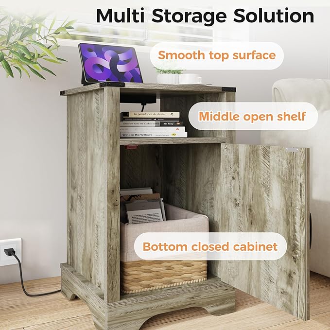 RoyalCraft Nightstand Set of 2, Grey End Table with Charging Station, Tall Farmhouse Bedside Table with Large Storage and Shelf, Wooden Side Table with for Bedroom, Home Office, Light Grey