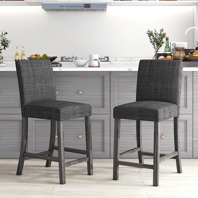 COSTWAY Upholstered Counter Height Stools Set of 4, Bar Stools w/Ergonomic Backrest, Solid Wood Frame, 24.5” Fabric Counter Height Chairs for Kitchen Island, Dining Room, Pub (Grey)