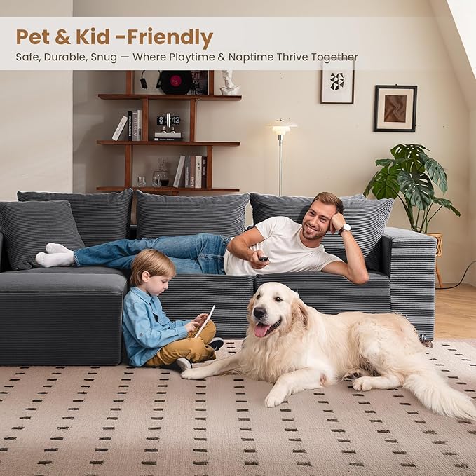Modular Sectional Sofa, 108" L-Shaped Boneless Couch with Deep Seat, Corduroy Cloud Couch for Living Room, Bedroom, No Assembly Required, Ship in a Box, Grey