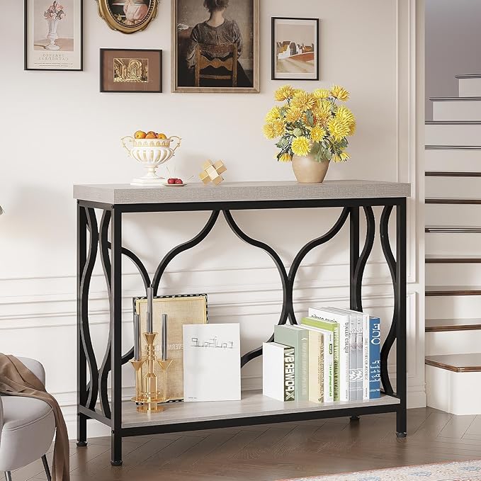 IBF Entryway Table with Storage, Modern Wood Metal Console Sofa Table Behind Couch Tables, Industrial Narrow Hallway Table for Small Living Room Home Office Foyer Entry Way Entrance, Grey, 39.4 Inch