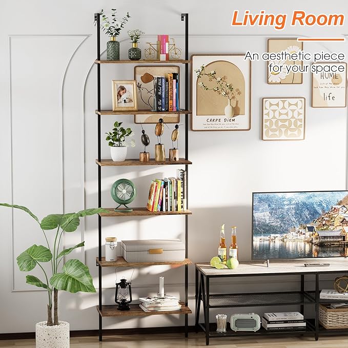 Bookcase Rustic Brown 6 Tiers Modern Bookshelf Room Organizer Open Tall Wall Mount Bookcase Standing Leaning Wall Shelves Industrial Decorative Living Room Bed Room (Rustic Brown)