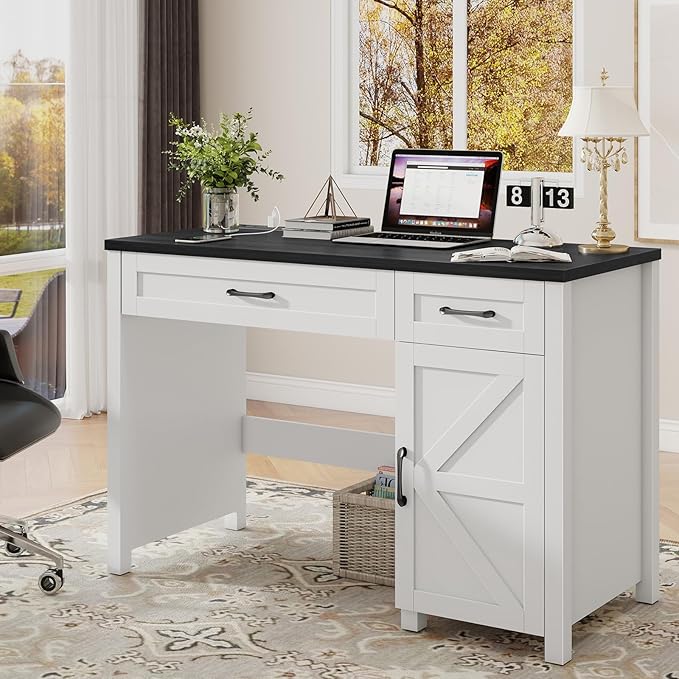 Farmhouse 47" Executive Desk, Computer Desk with Drawers and Storage Cabinet, Workstation Computer Desk for Home Office and Study.(Black)